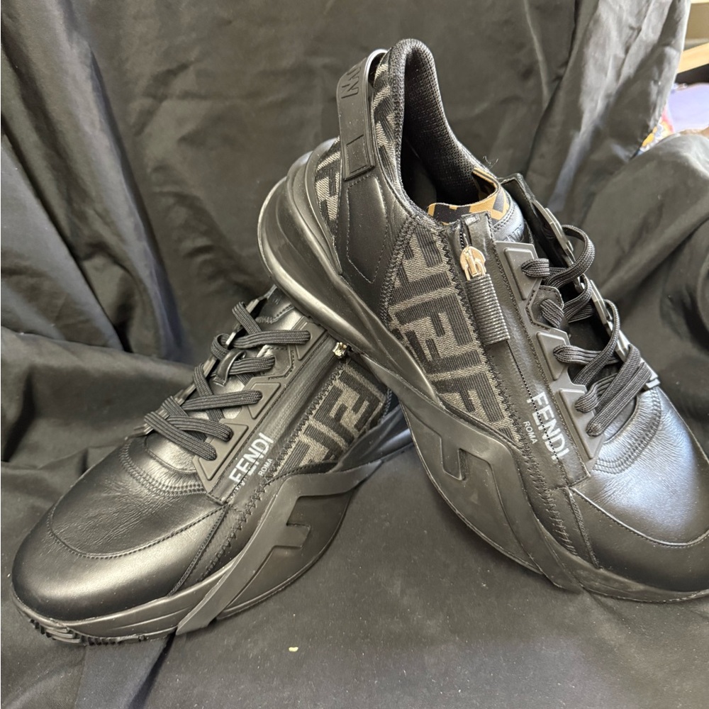 Fendi Black Sneakers with Geometric Pattern and Padded Tongue